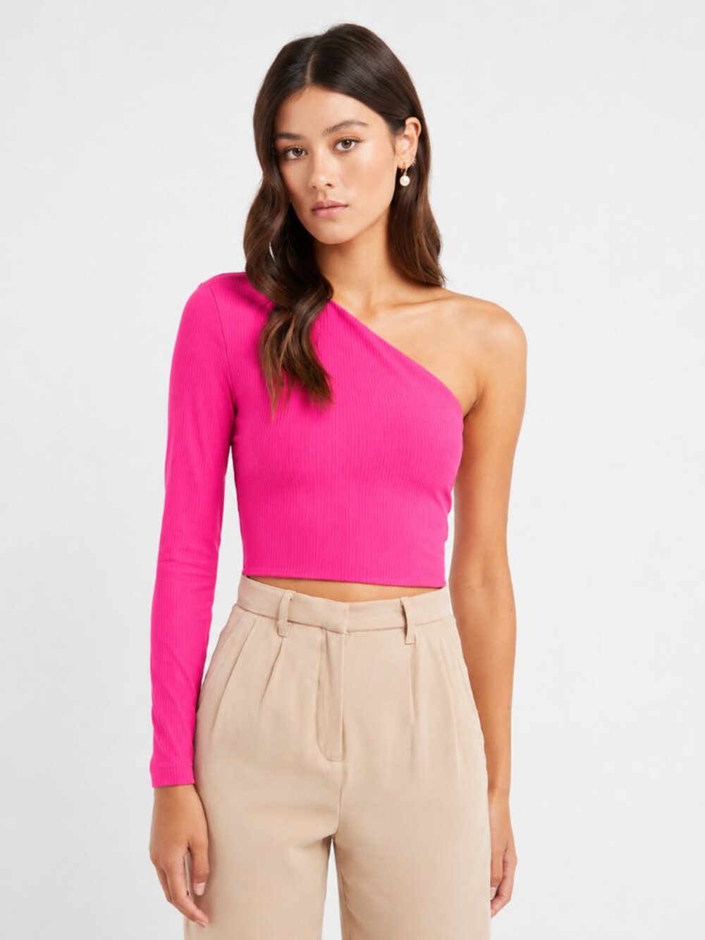 KOOKAI Harris Fuchsia Pink Ribbed One Shoulder Long Sleeve Cropped Top, Size 2